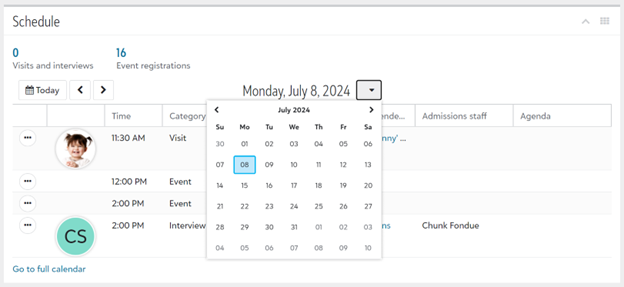 The new EMS Homepage calendar screen